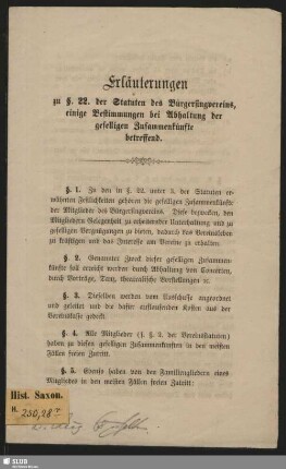 Erläuterungen zu §. 22. der Statuten des Bürgersingvereins, einige Bestimmungen bei Abhaltung der geselligen Zusammenkünfte betreffend