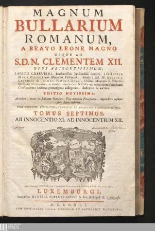 Tomus Septimus = Continuatio, Pars Prima: Ab Innocentio XI. Ad Innocentium XII.