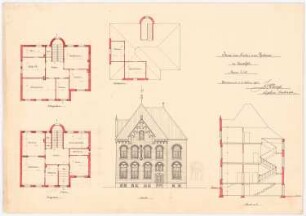 Pfarrhaus zu St. Barbara, Dortmund-Dorstfeld: Grundrisse von Erd-, Ober- und Dachgeschoss, Vorderansicht und Schnitt 1:100
