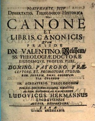 Diss. theol. hist. de canone et libris canonicis