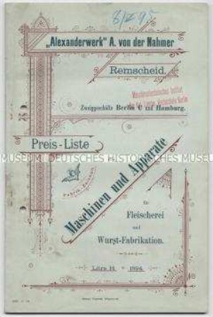 Preis-Liste über Maschinen und Apparate für Fleischerei und Wurst-Fabrikation