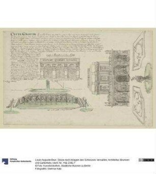 Skizze nach Anlagen des Schlosses Versailles, Architektur, Brunnen und Gartenteile