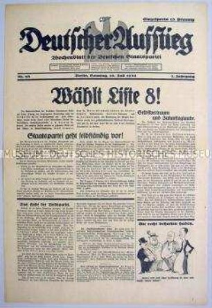 Wochenblatt der Deutschen Staatspartei "Deutscher Aufstieg" zur Reichstagswahl am 31. Juli 1932