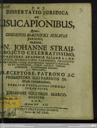 Dissertatio juridica de usucapionibus