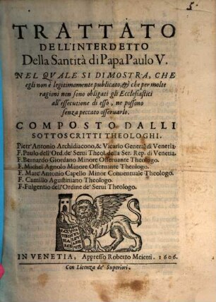 Trattato dell'interdetto della Santità di Papa Paulo V