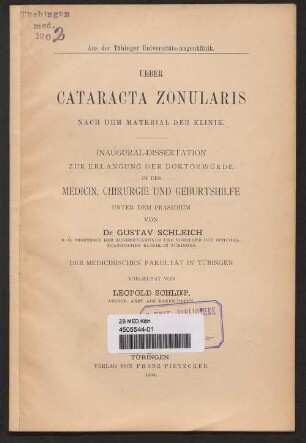 Ueber Cataracta zonularis : nach dem Material der Klinik : aus der Tübinger Universitäts-Augenklinik