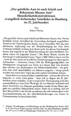 "Das geistliche Amt ist nach Schrift und Bekenntnis Mannes Amt" : Männlichkeitskonstruktionen evangelisch-lutherischer Geistlicher in Hamburg im 20. Jahrhundert