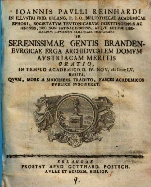 Ioannis Paulli Reinhardi ... de gentis Brandenburgicae erga archiducalem Domum Austriacam meritis oratio