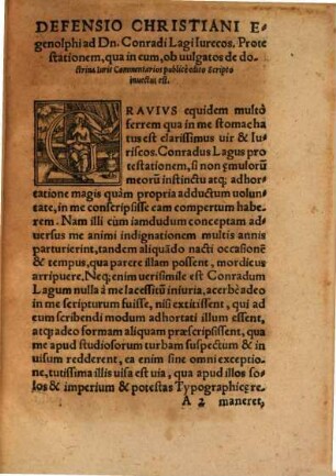 Ad Conr. Lagi ... protestationem, quae in eum, ob vulgatos de doctrina iuris commentarios ... invectus est