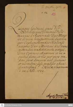 Quittung von August Hermann Francke für Johann Christoph Martini über eine Spende in Höhe von 5 Guineen für die Glauchaschen Anstalten.