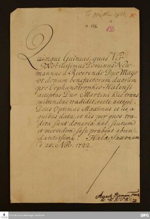 Quittung von August Hermann Francke für Johann Christoph Martini über eine Spende in Höhe von 5 Guineen für die Glauchaschen Anstalten.