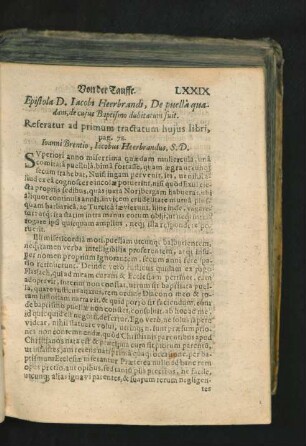 Epistola D. Iacobi Heerbrandi, De puella quadam, de cuius Baptismo dubitatum fuit.
