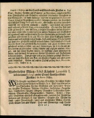 Wiederholtes Müntz-Edict Käysers Leopoldi I. neben einem Rescript an die Crayß-Ausschreibende Fürsten, de Anno 1680