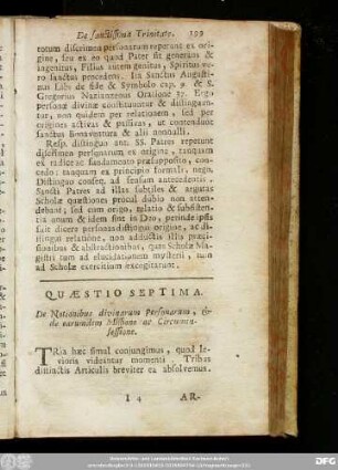 Quaestio Septima. De Notionibus divinarum personarum, & de earundem Missione ac Circuminsessione.