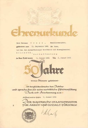Ehrenurkunde für Hermann Cruse, Aschaffenburg