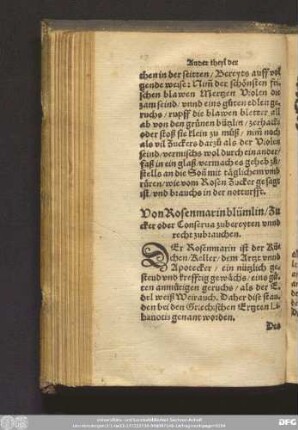 Von Rosenmarinblümlin/ Zucker oder Conserva zubereyten unnd recht zubrauchen.