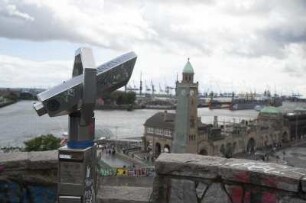 Hafen, Blick von der Jugendherberge auf die Landungsbrücken. 06.2018