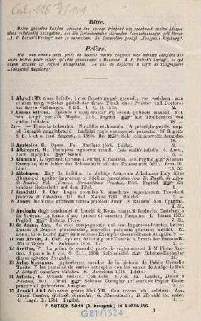 Catalog der ... Antiquariats-Buchhandlung Fidelis Butsch in Augsburg : [Bis Nr. 15.]: Birett, Wilh.: Verzeichniß gebundener Bücher ... = Catal. III, 5. 141