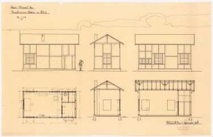 Benediktinerabtei St. Mauritius, Clerf (Clervaux): Baubüro der Benediktinerabtei in Clerf, Grundriss, Ansichten und Schnitte 1:50