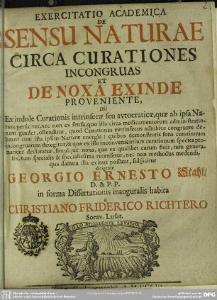 Exercitatio Academica De Sensu Naturae Circa Curationes Incongruas Et De Noxa Exinde Proveniente