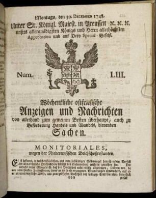 Num. LIII. Montags, den 30. December 1748.
