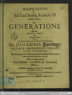 Disputatio ... De generatione