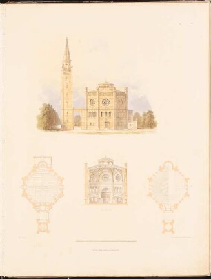 Entwurf zu einer Kirche mit 1850 Sitzplätzen: Ansicht, Grundriss, Grundriss Empore, Querschnitt (aus: Entwürfe zu Kirchen, Pfarr- und Schulhäusern, hrsg. von der Kgl. Preuß. Oberbaudeputation, 1845-1855)