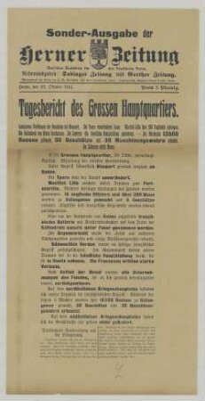 "Tagesbericht des Großen Hauptquartiers. Langsames Vordringen der Deutschen bei Nieuport."