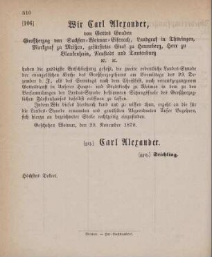 106. Höchstes Dekret, die Berufung der zweiten ordentlichen Landes-Synode betreffend
