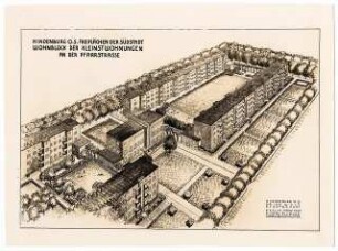 Wohnsiedlung (Kleinstwohnungen) an der Pfarrstraße, Hindenburg: Freiflächen der Südstadt, Wohnblock und Gartenhöfe der Kleinstwohnungen an der Pfarrstraße: perspektivische Ansicht