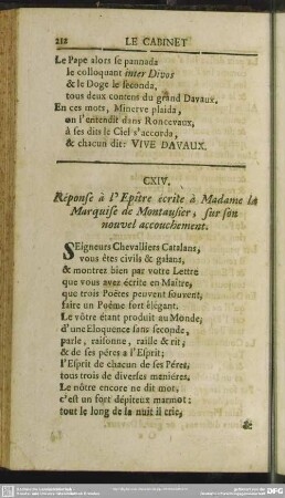 CXIV. Response a l'Epitre ecrite a Madame la Marquise de Montausier, sur son nouvel accouchement