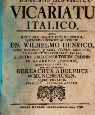Dissertatio Iuris Publici De Vicariatu Italico,