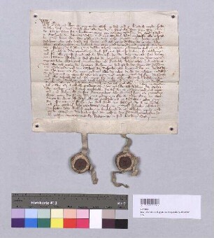 Albrecht und Alram, Grafen zu Hals und Leonberg, verzichten zugunsten von Äbtissin Leukart und dem Konvent von Kloster St. Paul auf die Leute und Güter zu Hailing (Haechling), welche ihr Onkel, der verstorbene Graf Wernhard von Leonberg, dem Kloster unter Vorbehalt des Rückkaufrechts verkauft hatte, und übertragen diesem zudem das Dorfgericht. S1: Graf Albrecht von Hals, S2: Graf Alram von Hals