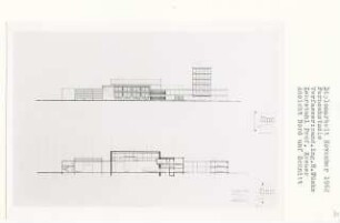 Fernsehstudio, Berlin-Westend (Diplomarbeit bei Willy Kreuer): Ansicht von Norden und Schnitt 1:200