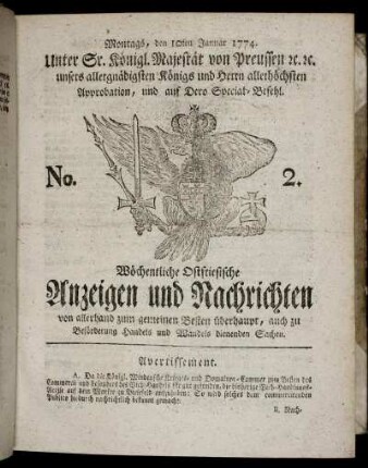 No. 2. Montags, den 10ten Januar 1774