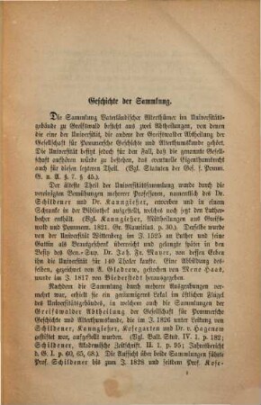Die Greifswalder Sammlungen vaterländischer Alterthümer : im Besitz d. Univ. u. d. Rüg. Pom. Abth. d. Ges. für Pom. Geschichte u. A., 1
