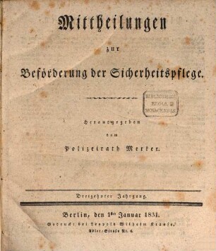 Mittheilungen zur Beförderung der Sicherheitspflege, 13. 1831