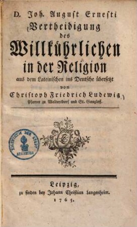 Vertheidigung des Willkührlichen in der Religion