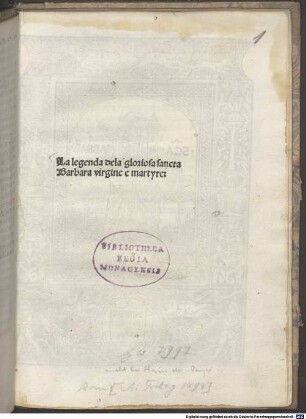 La leggenda della gloriosa santa Barbara vergine e martire : mit Antiphon und Gebet in ital. Sprache