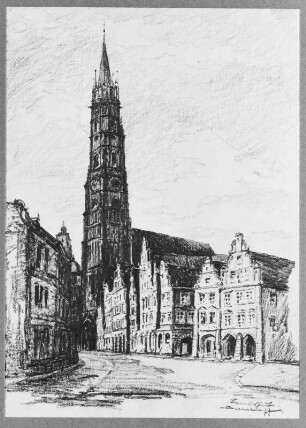 Bernkopf, Georg: Landshut mit Martinskirche und Giebelhäusern der Altstadt. Kohlezeichnung, bezeichnet "Landshut / Bernkopf."