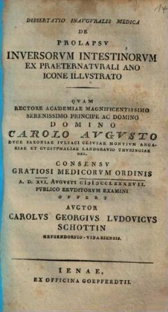 Dissertatio Inauguralis Medica De Prolapsu Inversorum Intestinorum Ex Praeternaturali Ano : Icone Illustrato