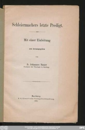 Schleiermachers letzte Predigt : Mit einer Einleitung