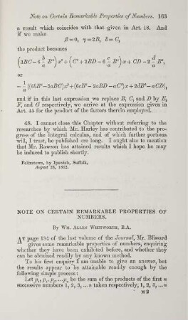 Note on certain remarkable properties of numbers.