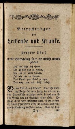 Erste Betrachtung über die Absicht unsers Lebens. - Fünfte Betrachtung über das Ziel unsrer Tage.