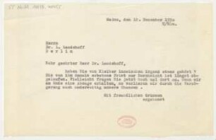 Brief an Ludwig Landshoff : 12.12.1930