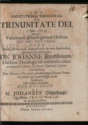 Disp. theol. de trinunitate Dei : e Marc. XII. 29. petitam