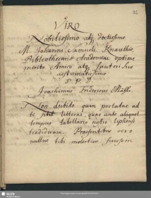 Joachim Friedrich Mähle an Samuel Cnauth. Pulsnitz, 10.08.1717.