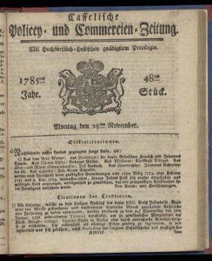 48tes Stueck, Montag den 28ten November. 1785