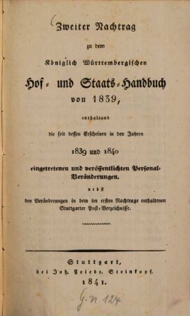 Königlich-Württembergisches Hof- und Staats-Handbuch, 1839, Nachtr. 2