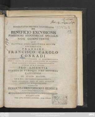 Dissertatio Ivridica Inavgvralis De Beneficio Excvssionis Possessori Hypothecae Specialis Non Competente